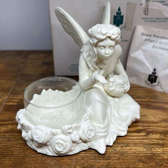 Partylite Ariana Fairy Angel Cream Bisque Tealight Votive Candle Holder w/ Glass - Picture 2 of 8